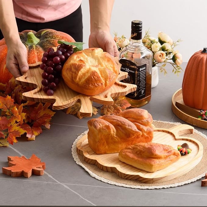 FOBSME 2 Pcs Thanksgiving Wooden Serving Platters Pumpkin and Maple Leaf Charcuterie Boards Fall Wood Serving Trays Decorative Wood Snack Dish Plates for Autumn Harvest Holiday Housewarming Presents