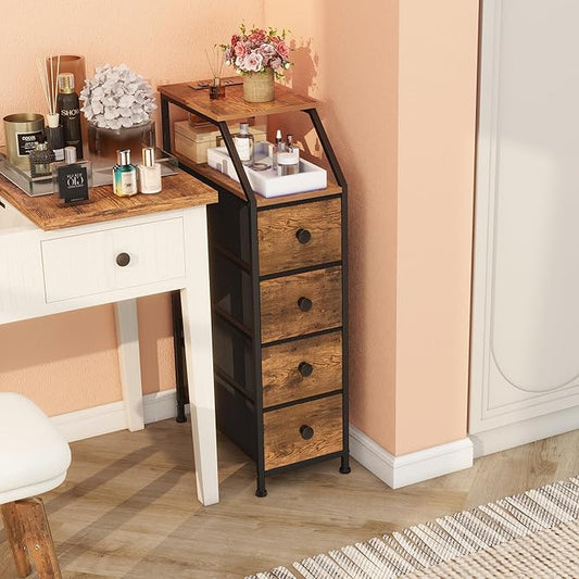 Tohomeor Narrow Dresser Tall Skinny Storage Tower Vertical Slim Chest of Drawers with Charging Station Small Nightstand Side Table for Bedroom, Bathroom, Small Spaces (Rustic Brown, 4 Drawers)
