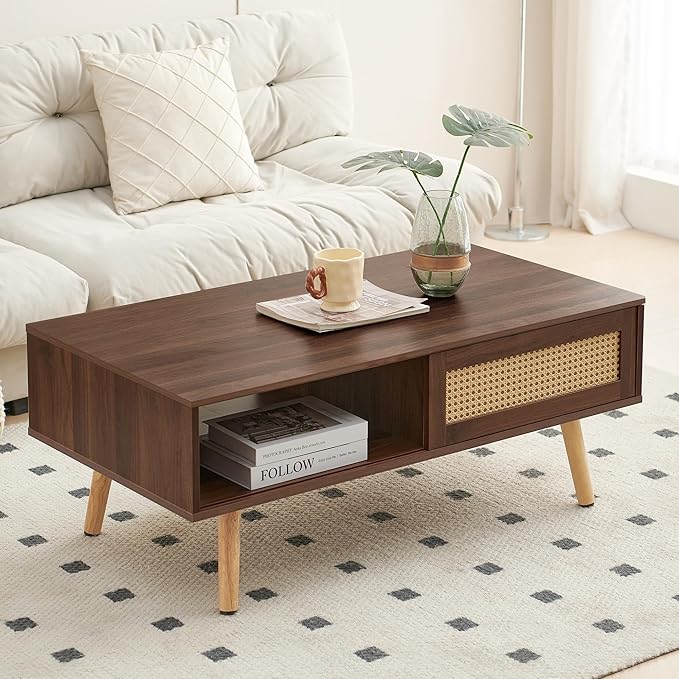 IANIYA Boho Coffee Table with Storage, Dining Table with Rattan Drawer and Solid Wood Legs, Small Center Tables for Living Room Small Space (Brown)