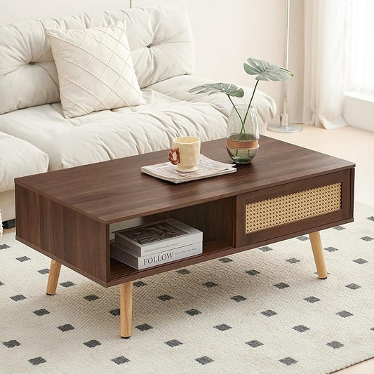 IANIYA Boho Coffee Table with Storage, Dining Table with Rattan Drawer and Solid Wood Legs, Small Center Tables for Living Room Small Space (Brown)
