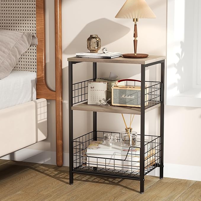 X-cosrack Side Table, Small End Table Record Player Stand with Storage, Vinyl Record Storage Night Stand for Living Room, Bedroom,Office(Patent Pending)(Greige & Black)