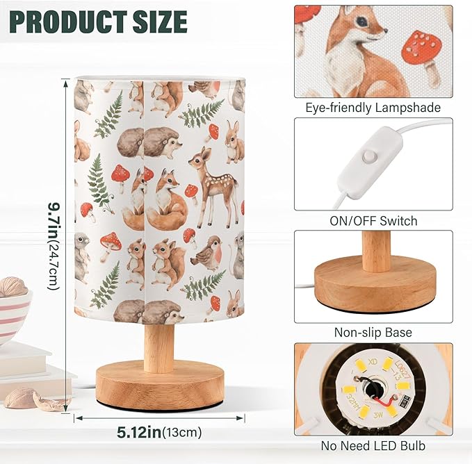 Table Lamp Forest Animal Squirrel Fox Deer Hare Hedgehog Mouse Bird Mushroom Nightstand Lamp with Wood Base Fabric Lamp Shade Bedside Desk Lamp for Living Room Bedroom Kids Room Office