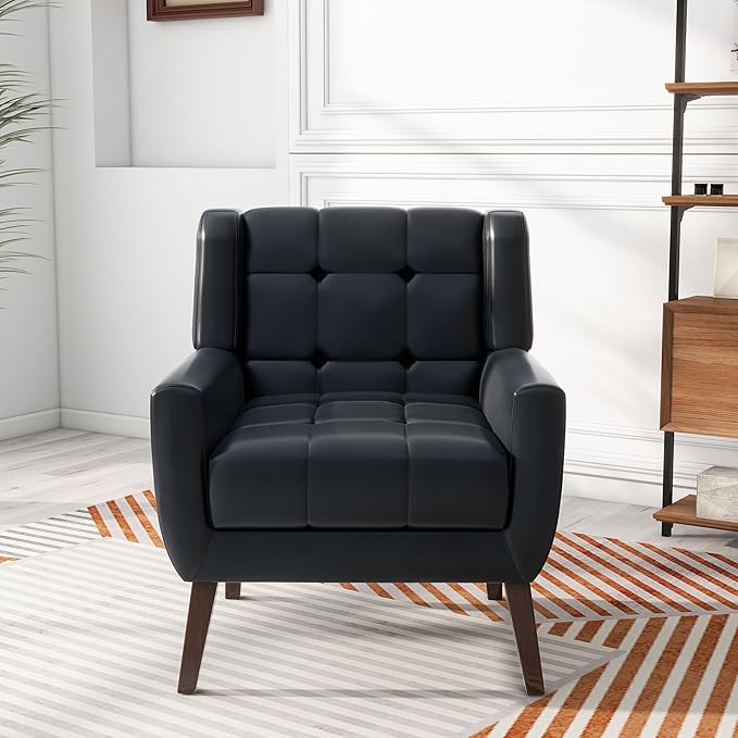 Pia Ricco 2 Pack Mid Century Modern Accent Chairs, Button Tufted Faux Leather Armchairs - Easy-Clean Matching Set for Living Room, Durable Sofa Chairs for Home Office & Lounge, Black