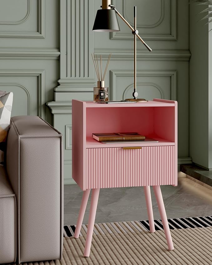 Nightstand,Modern Bedside Table with Storage Drawer and Open Wood Shelf, Accent Night Stand with Solid Wood Legs for Living Room, Bedroom and Small Spaces,Easy Assembly (Pink)