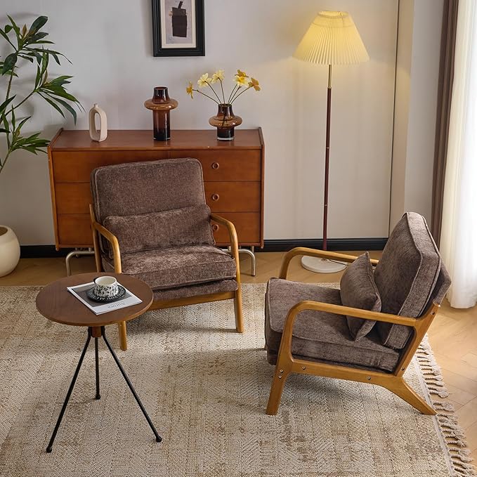 VINGLI Chenille Mid-Century Modern Accent Chair Set of 2, Cute Reading Arm Chair with Cushion & Lumbar Pillow & Solid Wood Frame for Lounge, Living Room, Reading Room, Bedroom, Espresso