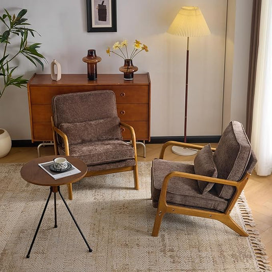 VINGLI Chenille Mid-Century Modern Accent Chair Set of 2, Cute Reading Arm Chair with Cushion & Lumbar Pillow & Solid Wood Frame for Lounge, Living Room, Reading Room, Bedroom, Espresso