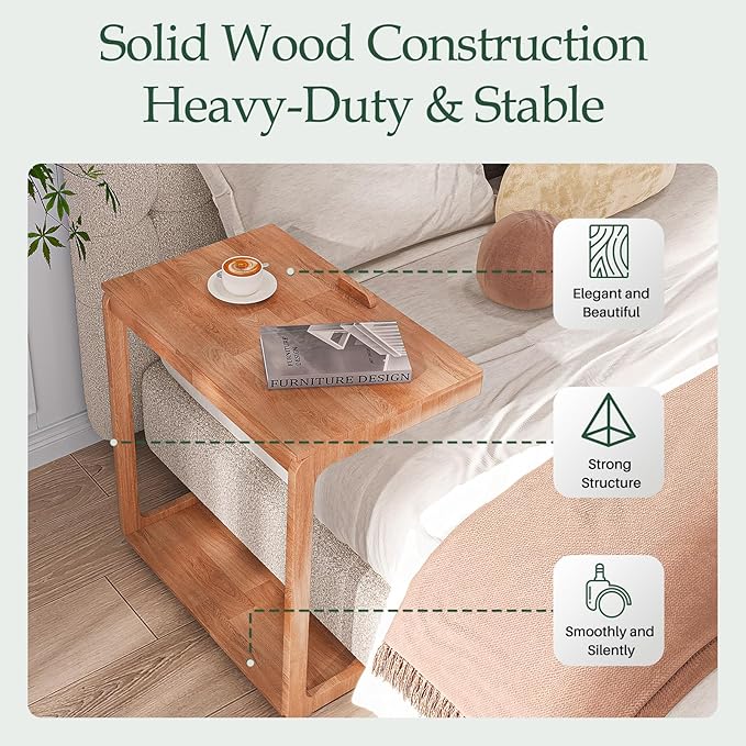 C Shaped Rolling End Table with Wheels - Solid Wood Side Table for Couch, Wooden Modern Tv Tray Bedside Tables for Sofa Armchair Living Room Bedroom, Cherry, 15.4 in x 23.6 in x 24.8 in