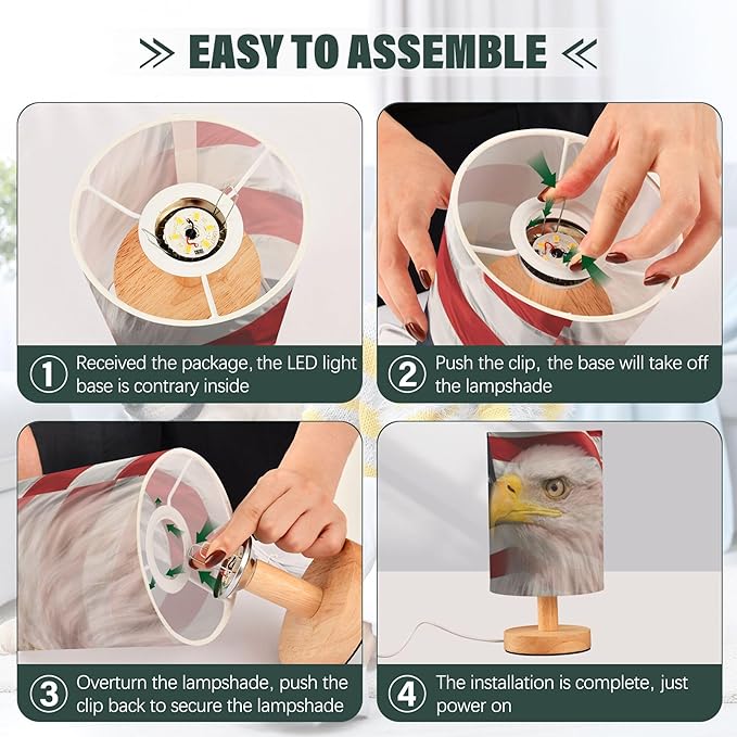 Table Lamp Bald Eagle American Flag Patriotic USA Pattern Nightstand Lamp with Wood Base Fabric Lamp Shade Bedside Desk Lamp for Living Room Bedroom Kids Room Office