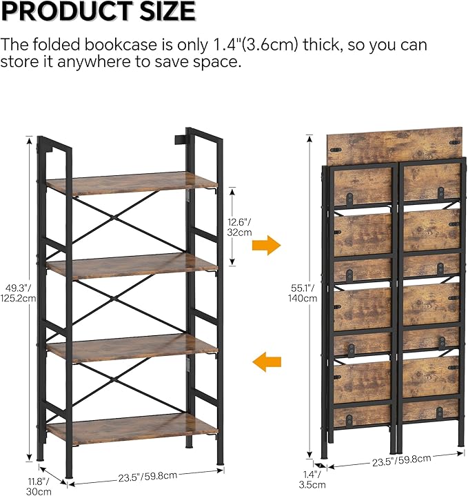 Homeiju Folding Bookshelf,4 Tier Bookcase Foldable Shelf with X-Bracket Design, Adjustable Feet, Space Saving Storage for Living Room, Office, Rustic Brown