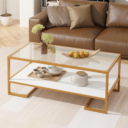 Coffee Table, 2 Tier Tempered Glass Coffee Table, Rectangle Modern Center Table with Metal Frame, Glass Accent Table Open Storage Shelf for Living Room, Office, White