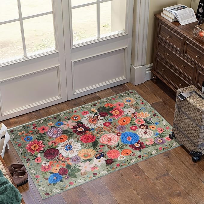Floral Rug for Entryway, Green 2X3 Washable Kitchen Mat Ultra-Thin Soft, Non-Slip Indoor Door Carpet Stain Resistant Boho Small Low-Pile Throw for Bathroom Bedroom (Green Garden, 2 x 3)