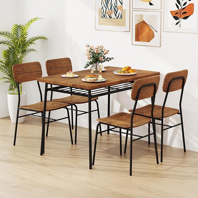 GOFLAME 5-Piece Dining Table Set for 4, Wood Rectangular Kitchen Table & Chairs Set with Metal Frame, Storage Rack, Space-Saving Industrial Dinette Set for Dining Room, Living Room, Breakfast Nook