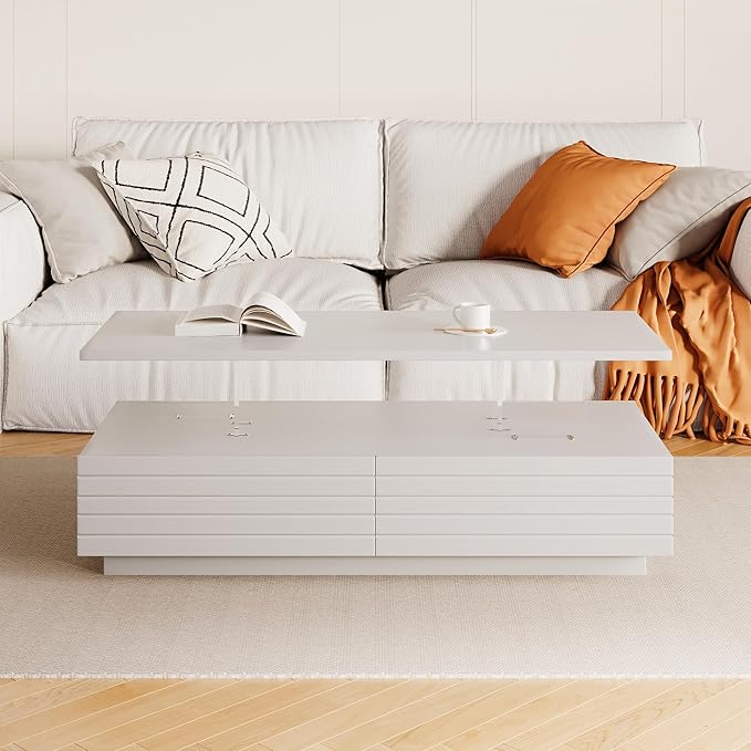 LED Coffee Table with 2 Large Drawers, 47.2" Multi-Color Adjustable Lighting & Ample Storage for Magazines for Living Room, Modern Rectangular Sturdy Engineered Wood Tea Table for Furniture, White