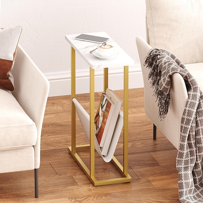 Yusong Narrow Side Table for Small Spaces, Small End Table with Magazine Holder, Skinny Slim Little Thin Table for Living Room, Bedroom, Sofa, White and Gold