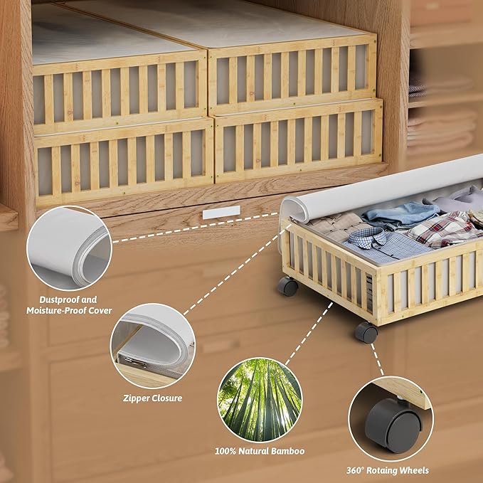 Bamboo Under Bed Storage Containers with Wheels, 2 Pack Large Under the Bed Shoe Storage Bins, Wood Rolling Underbed Drawers Organizer for Bedroom Closet Clothes Blanket Under Crib Toy Nature