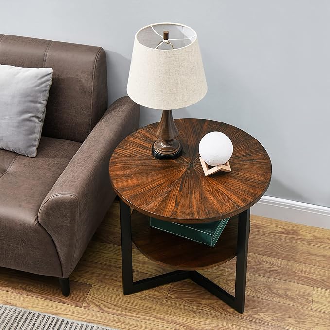 Round End Table with Storage Shelf, 25in Circel Accent Side Table with Metal Legs, 2-Tier Industrial Sofa Side Table for Living Room Bedroom, Brushed Brown