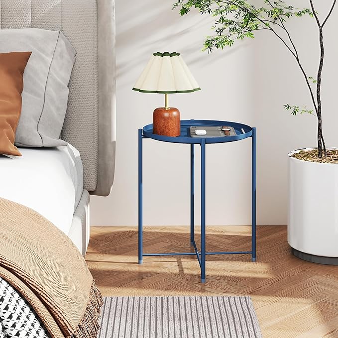 HollyHOME Round Metal Side Table, Outdoor Small Folding Accent Stand with Removable Tray, 17.72'' Portable End Table for Balconies, Gardens, Living Rooms and Bedrooms, Navy Blue