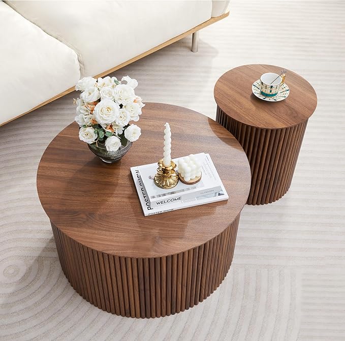 Round Nesting Coffee Table Set of 2, Mid Century Modern Wood Coffee Tables and End Table Set, Circle Side Table Minimalist Center Tables for Living Room, Office(Walnut)