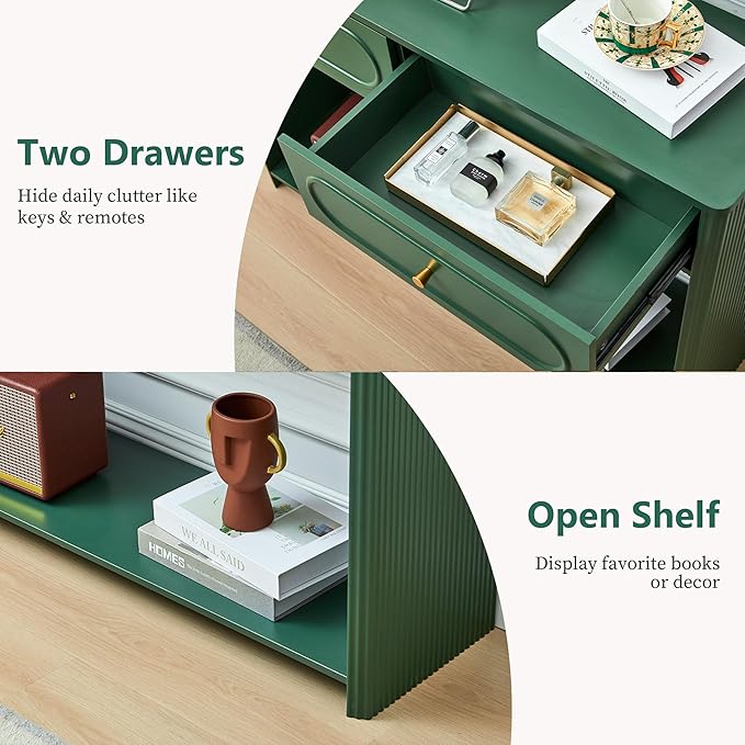 Fluted Console Table with Drawers, Mid-Century Narrow Entryway Table with Open Storage Shelves, Hallway Accent Tables Behind Couch Tables for Living Room (Green)