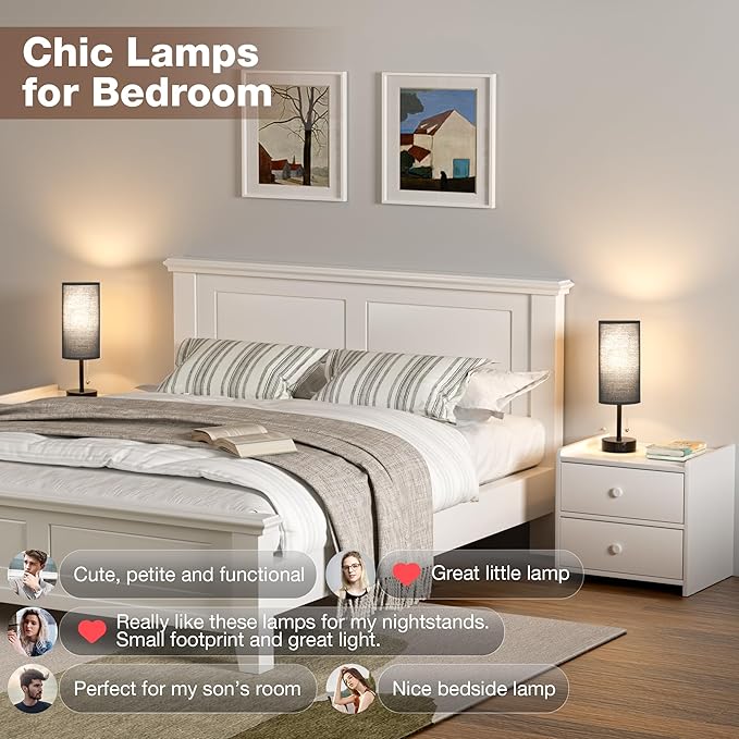 Black Bedside Lamps for Bedroom Set of 2 - Nightstand Table Lamp with USB Charging Port, Pull Chain Night Stand Light, Side Table Desk Reading Lamp for Living Room/Dorm/Bathroom/Kitchen