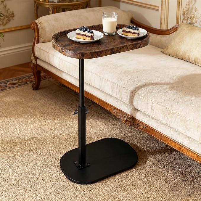 Adjustable C Shaped Side Table, C Table End Tables with Wheels for Sofa, 360° Swivel Sofa Tables for Livingroom,Bedroom,Study and Small Spaces (Vintage Brown)