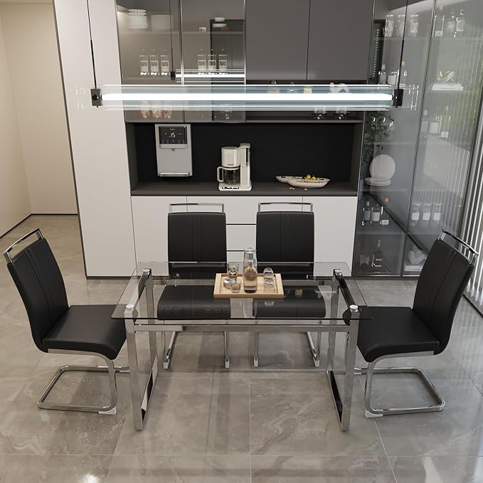 Glass Dining Table, 51'' Rectangle Dining Room Table,Modern Glass Kitchen Table with Tempered Glass Tabletop and Metal Leg,Dining Table for 4 Suitable Kitchen Dining Living Meeting Room(Silver)