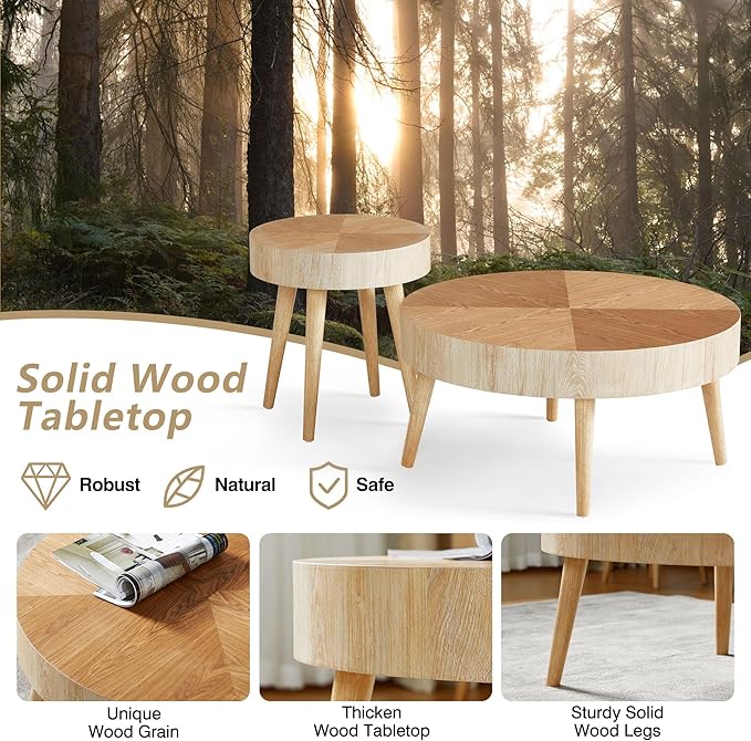 2 Pieces Round Wood Coffee Table Set, Modern Sofa End Table, Accent Side Table for Living Room ﻿ (Natural)