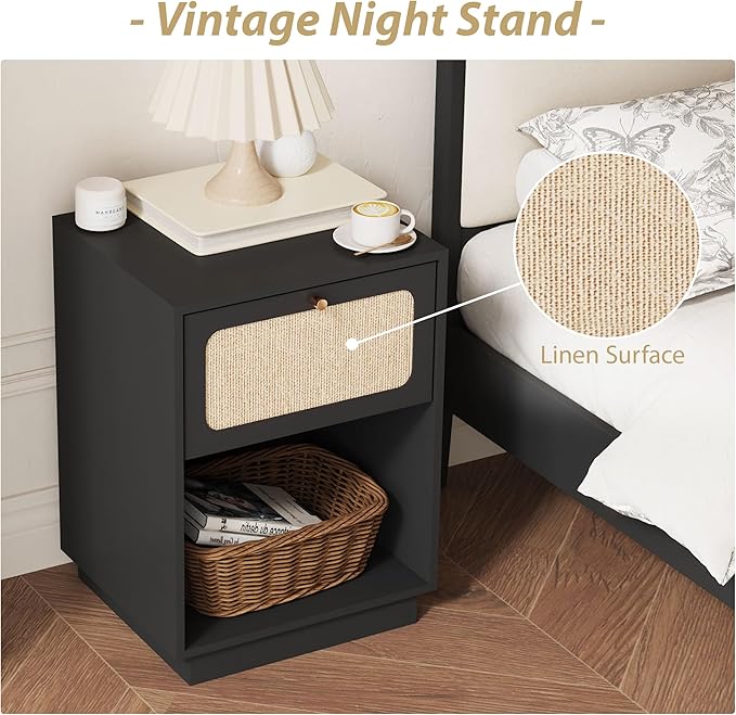 16" Nightstands Set of 2, Modern Retro Wooden Night Stands, Bed Side Table with Drawer and Open Shelf, End Table for Small Space, Linen Decor Boho Side Table for Bedroom,Dorm, Living Room (Black)