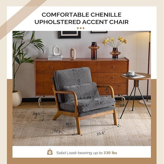 VINGLI Chenille Mid-Century Modern Accent Chair, Cute Reading Arm Chair with Cushion & Lumbar Pillow & Solid Wood Frame for Lounge, Living Room, Reading Room, Bedroom, Dark-Gray