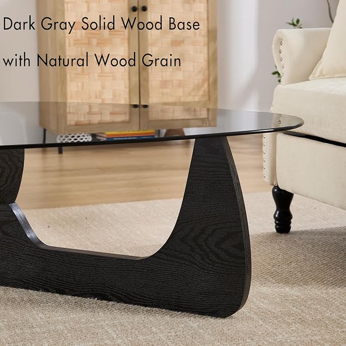 Small Glass Coffee Table, 32.5" Black Triangle Center Table with Wood Base Abstract Contemporary Coffee Table for Living Room Office Patio, Grey