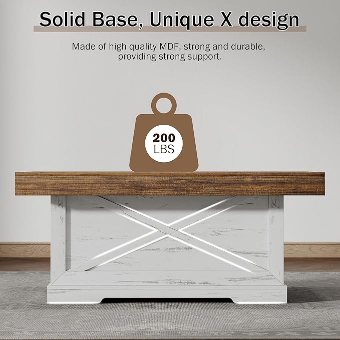 Coffee Table 39 in Farmhouse Center Table with X-Design Wooden Pedestal for Living Room, Space Saving, Rectangle Home Office Tea Accent Table for Apartment, Antique White Walnut