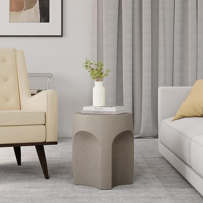 HOMPUS Outdoor Side Table w Arch Shape, Unique Patio End Table, Round MgO Lightweight Concrete Accent Table, Modern Vintage Garden Plant Stand for Indoor Use, Grey