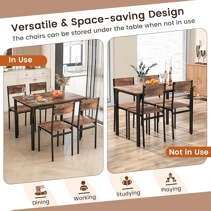 GOFLAME 5-Piece Dining Table Set, Industrial Kitchen Table and Chairs for 4 with Backrest and Metal Frame, Rectangular Space-Saving Dinette Set for Dining Room, Apartment, Small Space, Rustic Brown