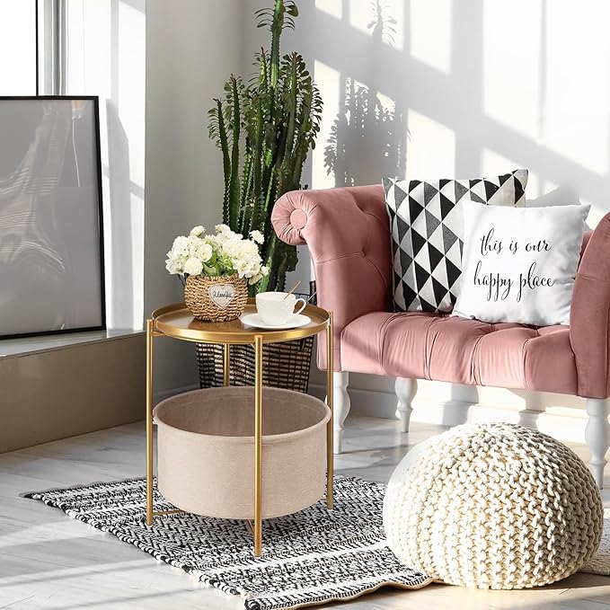 danpinera Round Side Table with Fabric Storage Basket, Pack of 2, Metal Side Table Small Bedside Nightstand with Removable Tray Top for Living Room, Bedroom, Nursery, Laundry, Gold