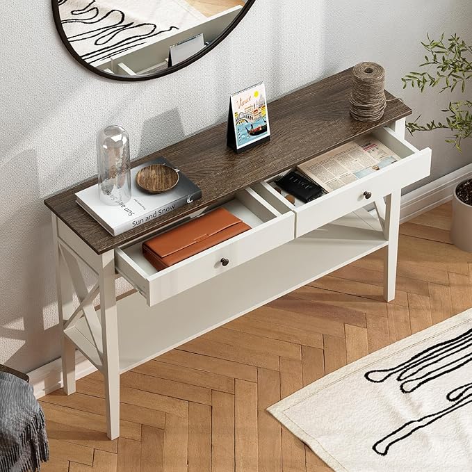 ChooChoo Farmhouse Console Table with Drawers, Narrow Wood Accent Sofa Table Entryway Table with Storage Shelf for Entryway, Front Hall, Hallway, Living Room, Antique White & Brown