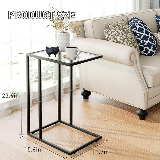 C Shaped End Table,Small Sofa Couch Side Table, Tempered Glass Snack TV Tray Table with Metal Frame for Small Space,Living Room, Bedroom, Bedside,Modern Style, Black,