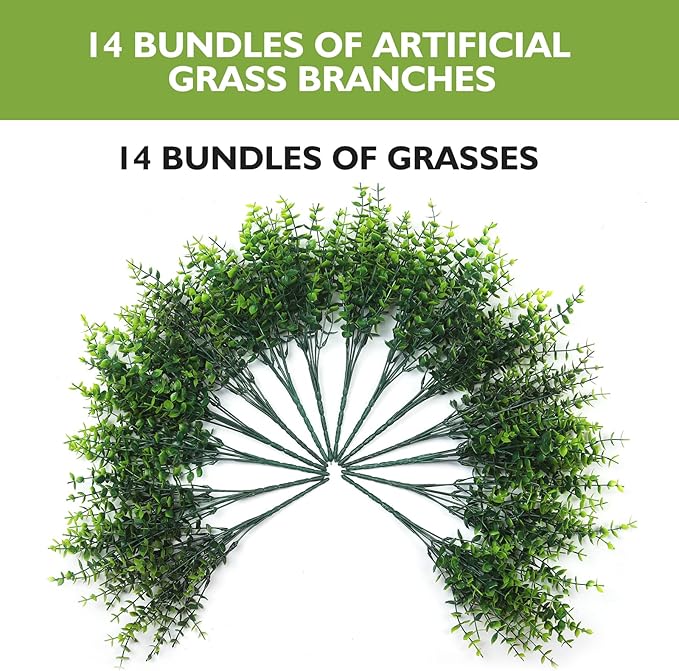 14 Bundles Artificial Grass UV Resistant for Patio Outdoors Fake Faux Silk Plants Realistic Plastic Grass Indoors Porch Window Home Decoration (14, Green Grasses)