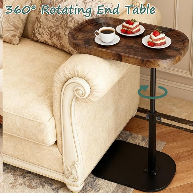 Adjustable C Shaped Side Table, C Table End Tables with Wheels for Sofa, 360° Swivel Sofa Tables for Livingroom,Bedroom,Study and Small Spaces (Vintage Brown)