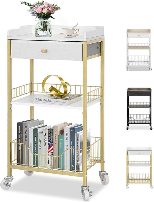 Small Side Table with Storage Basket, Narrow End Table with Drawer, 4-Tier Bathroom Storage Shelves with Optional Wheels, Tall Nightstand for Dorm, Living Room, Bedroom, Gold & White