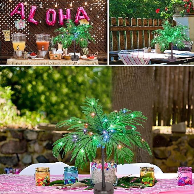 18 Color Changing Lighted Palm Tree Table Decor, 23 in Tropical Artificial Palm Tree Lights Branches Battery USB Powered, LED Table Centerpiece for Luau Summer Hawaiian Party Home