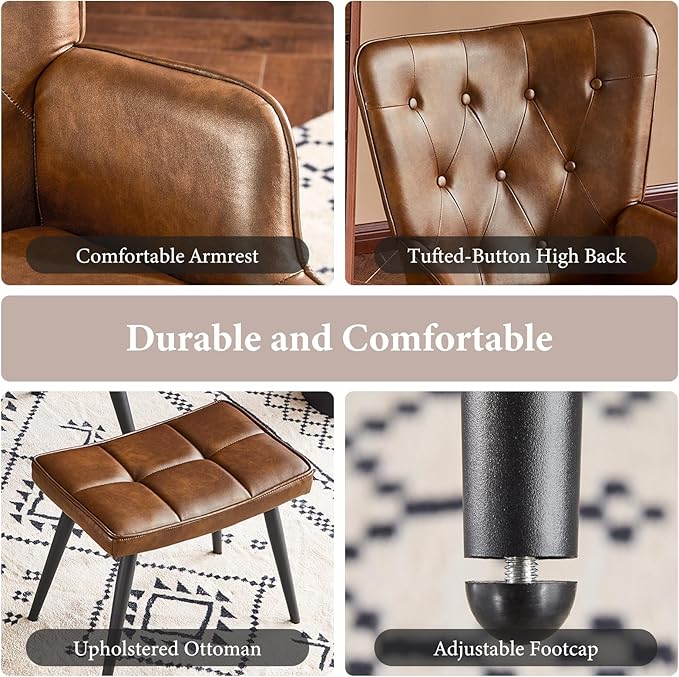 Furniliving PU Leather Accent Chair with Ottoman, Upholstered Reading Chair with High Backrest, Tufted-Button Wingback Armchair for Bedroom, Dressing Room, Home Office, Brown