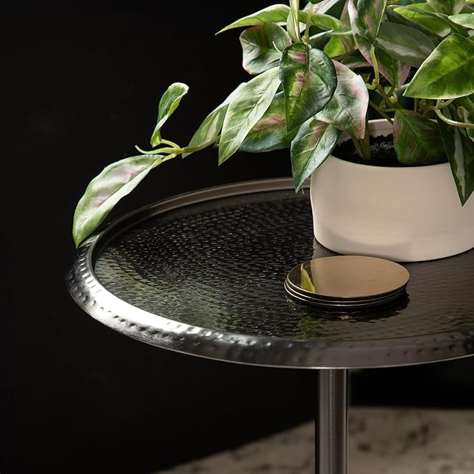 Kate and Laurel Sanzo Modern Pedestal Side Table; 15 x 15 x 24; Gray Gunmetal; Decorative End Table with Hammered Tabletop for Use as a Bedroom Nightstand or Living Room Accent Table