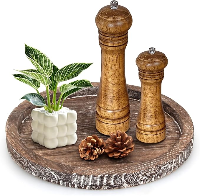 Round Decorative Wooden Serving Trays for Ottoman Coffee Table Tray Farmhouse Kitchen Home Decor Accents Circle Circular Wood Decorations Trays Rustic Dining Table Centerpiece Candle Holder Tray