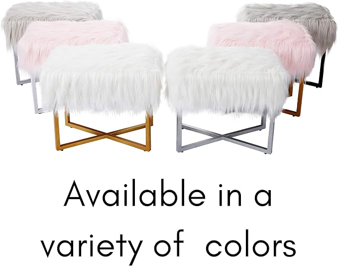 BIRDROCK HOME Rectangular Faux Fur Vanity Stool Ottoman w/Black Metal Legs - Small Fluffy Makeup Seat - Cute Foot Rest for Bedroom, Desk, or Dressing Table - Compact Chair for Girls Dorm Room - Grey