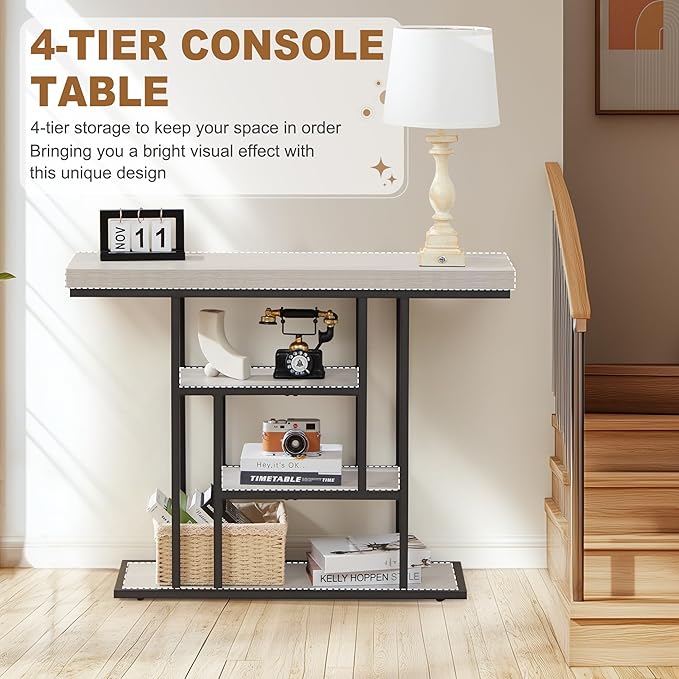 HABUTWAY 42" Industrial Console Table, Narrow 4-Tier Wood Entryway Table for Living Room, Accent Tables Living Room, Hallway Table, Sofa Table for Front Door, Hallway, Foyer, Rustic Grey