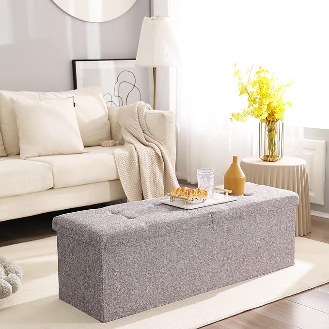 Cuyoca 45.3 Inches Foldable Seat Footrest Shoe Bench End of Bed Storage with Flipping Lid, 166L Upholstered Tufted Bench, Linen Fabric Grey