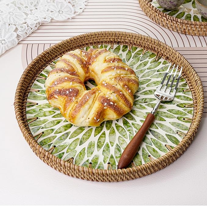 Round Rattan Tray with Mother of Pearl Inlay, Decorative Rattan Serving Tray for Home Boho Decor, Coffee Table, Bread, Food, Tea, Ottoman Trays-Fruit Wicker Basket, 100% Natural Materials Green- 13.8"