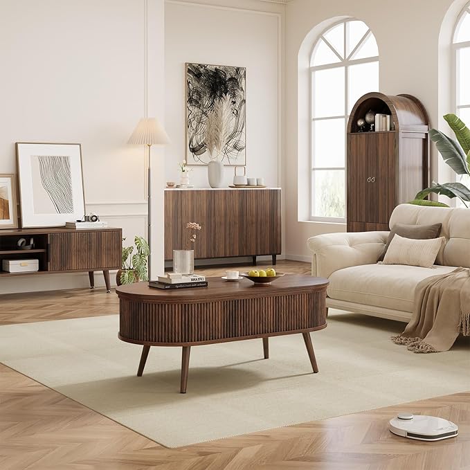 Mid Century Oval Coffee Table, Fluted Center Table with Lift Top, Modern Dining Table with Storage for Living Room Home Office, 39.4", Walnut