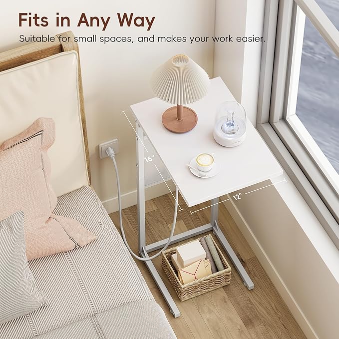 Vagusicc C Shaped End Table with Charging Station, Small Side Table for Couch, Couch Side Tables C Table, Slide Under Sofa Recliner Table TV Tray Arm Tables for Living Room, Bedroom, Bedside, White