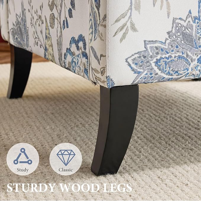 Bezseller Floral Accent Chair, Upholstered Reading Armchair with Wood Legs, Mid-Century Leisure Comfy Single Sofa Chair for Living Room, Bedroom, Home, Office, Blue Floral
